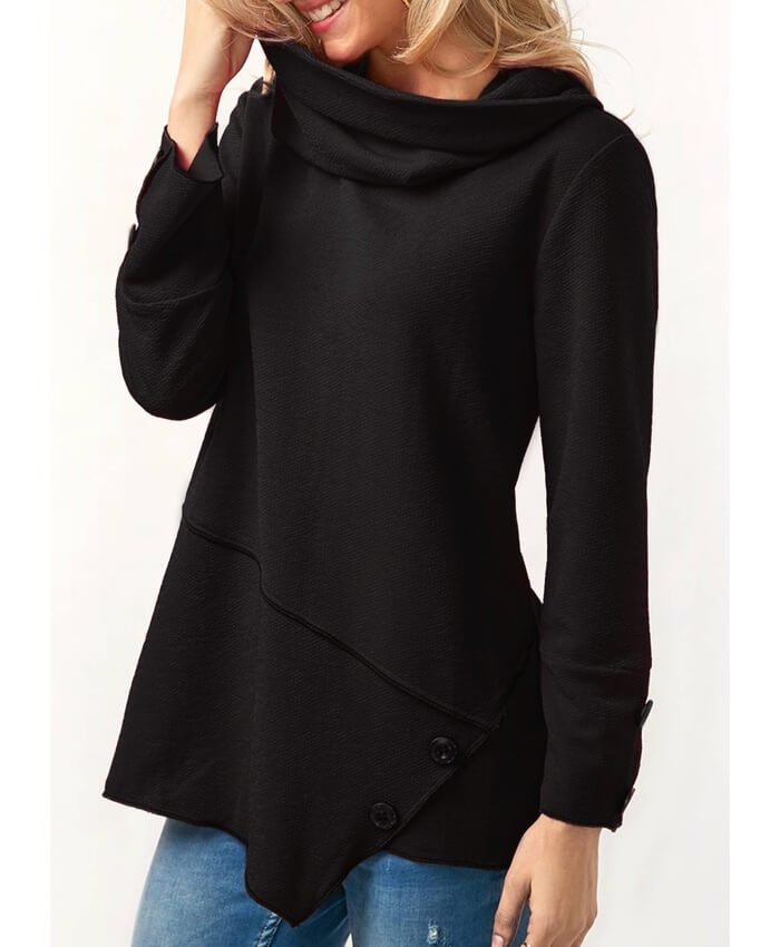 Asymmetric Hem Cowl Neck Long Sleeve Black Blouse